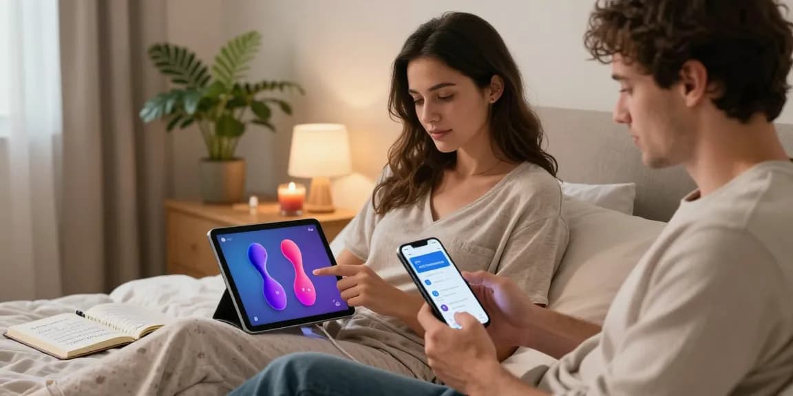 Couple exploring AI sex wellness products in a modern bedroom, showcasing comfort and intimacy