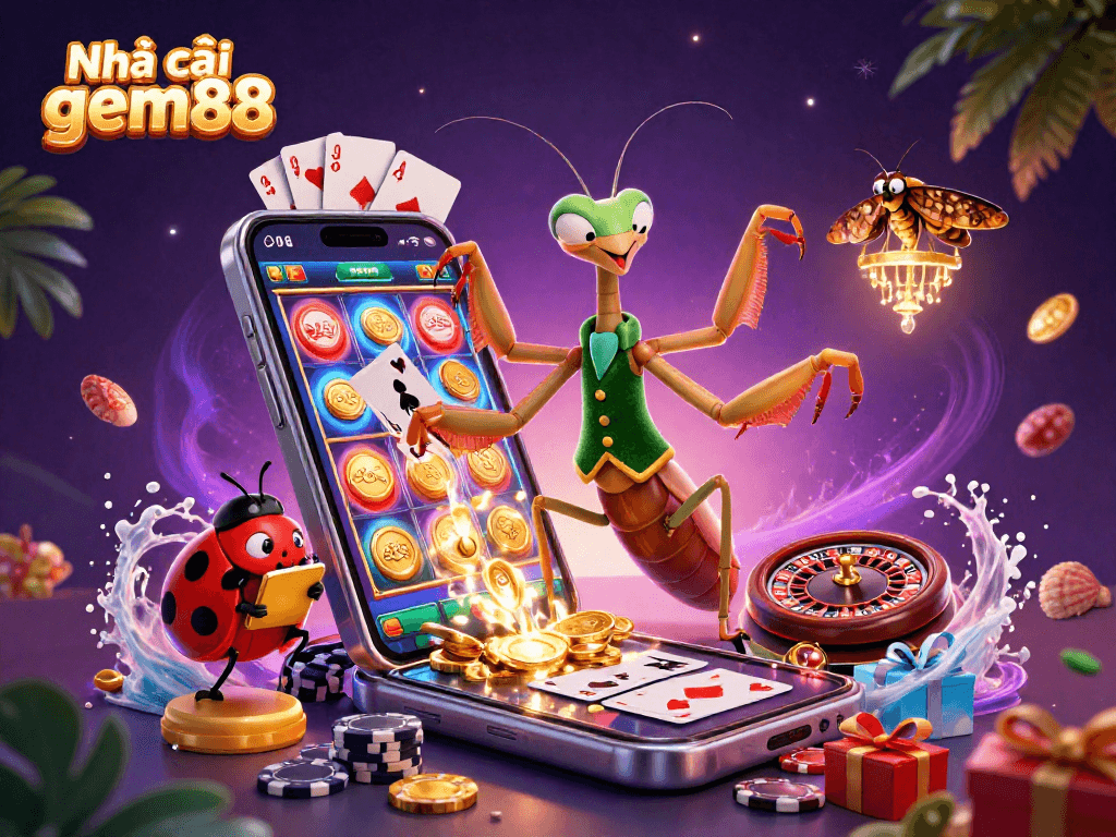 Engaging scene depicting Nhà cái gem88, a vibrant casino environment with cartoon characters amidst games and excitement.