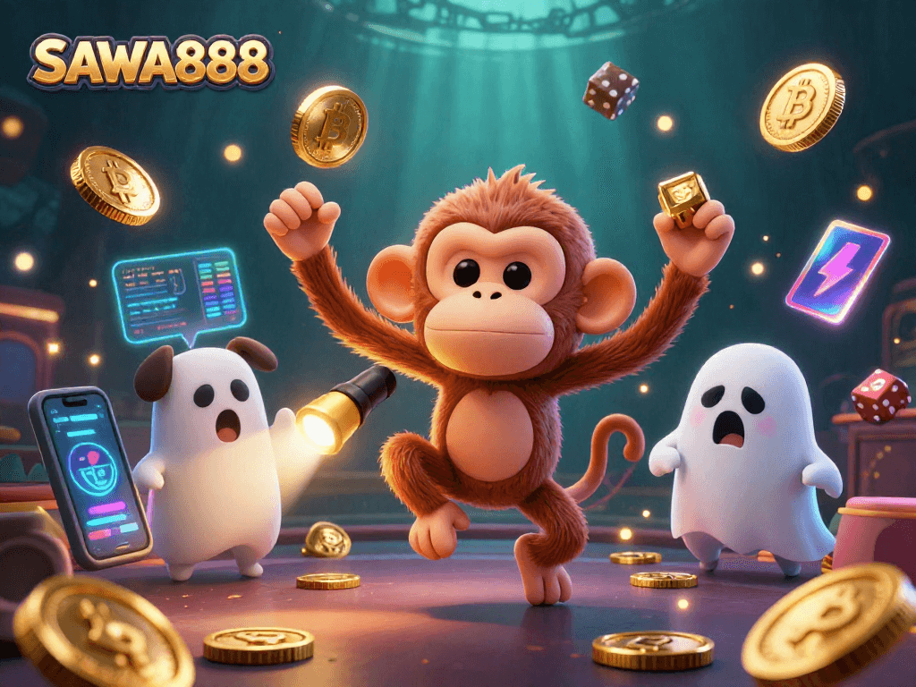 Experience the thrill of SAWA888 as a mischievous monkey juggles golden treasures in a vibrant haunted casino.
