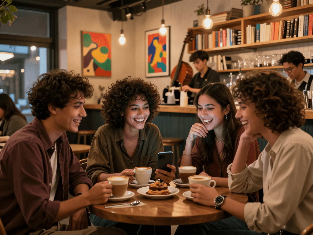 Friends enjoying a lively nsfw ai chat in a cozy café, capturing the essence of modern friendship.