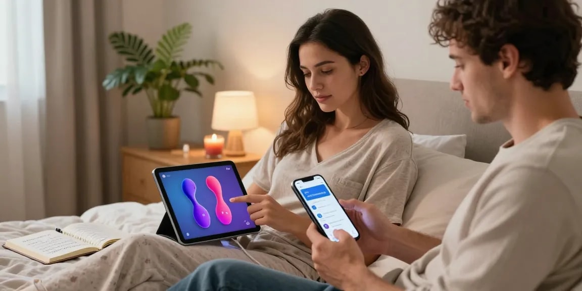 Couple exploring AI sex wellness products in a modern bedroom, showcasing comfort and intimacy