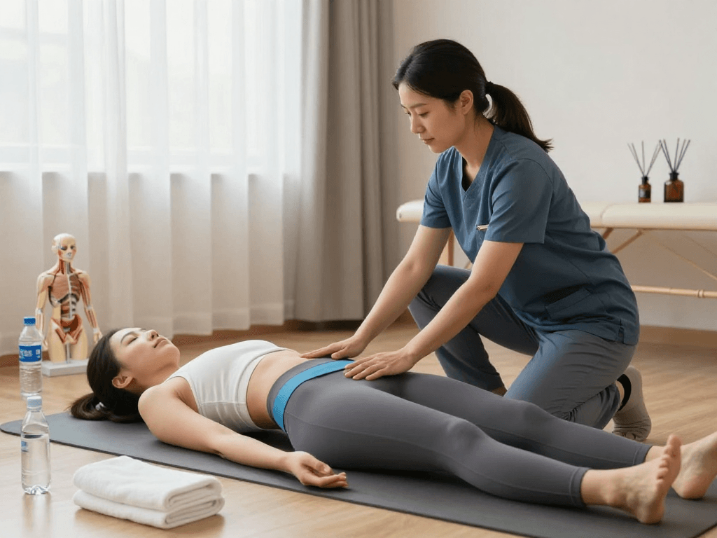 Pelvic floor therapy session with a therapist and patient in a calm setting.