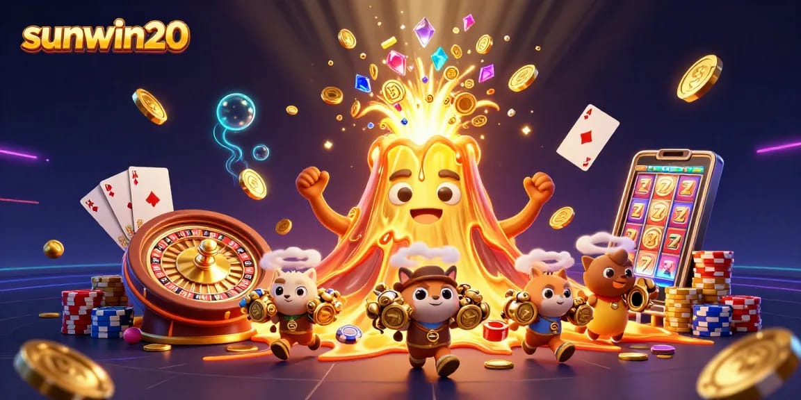 sunwin20 showcases a 3D animated volcano erupting with treasures in a vibrant casino scene.