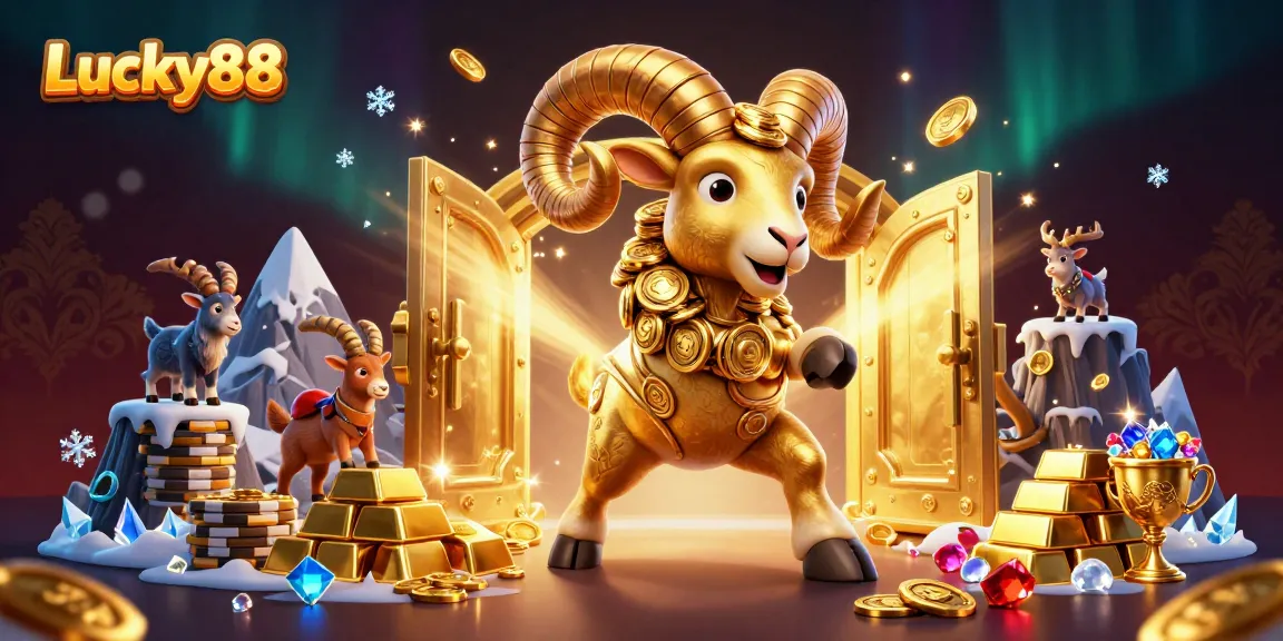 Experience thrilling action at Lucky88 with a golden ram charging through treasures in an immersive casino scene.