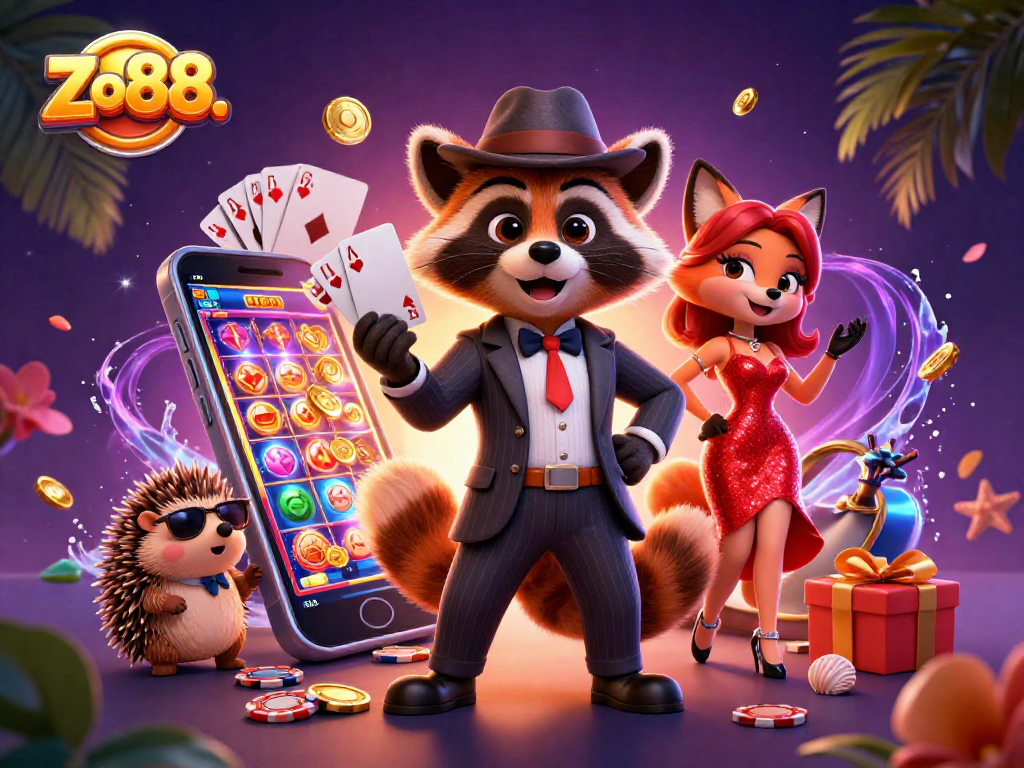 Experience the thrill of gaming with Zo88. as a suave raccoon, elegant fox, and bouncer enhance your casino adventure.
