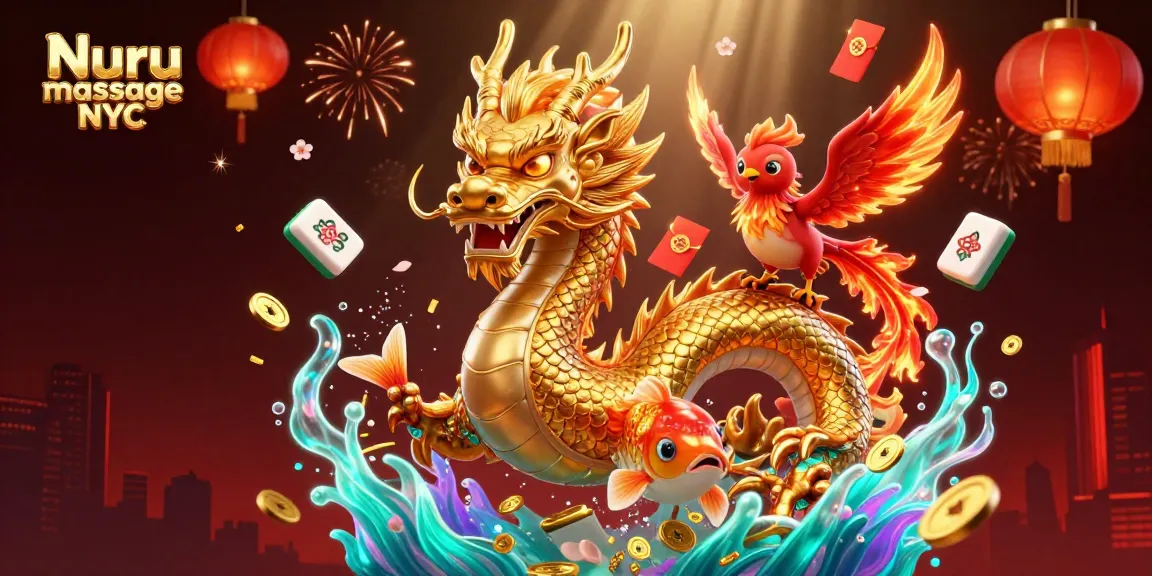 Nuru massage NYC experience with a vibrant golden dragon and red phoenix in an immersive gambling-themed illustration.