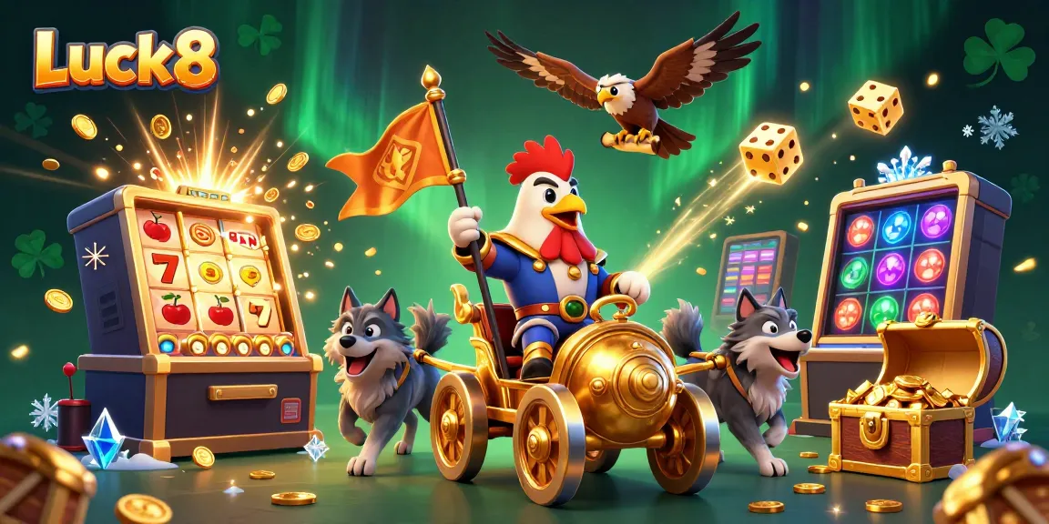 Engage with Luck8's vibrant casino atmosphere featuring thrilling slot machines and dynamic characters.