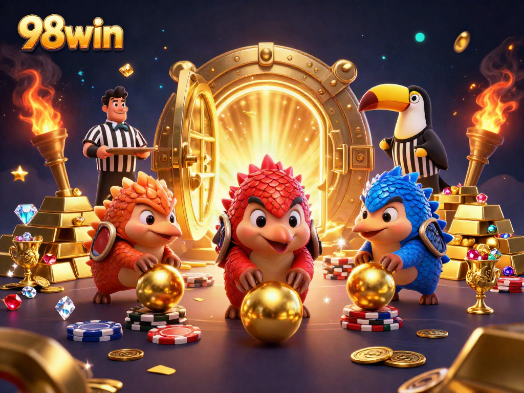 98win pangolins compete in a vibrant casino scene filled with poker chips and treasures.