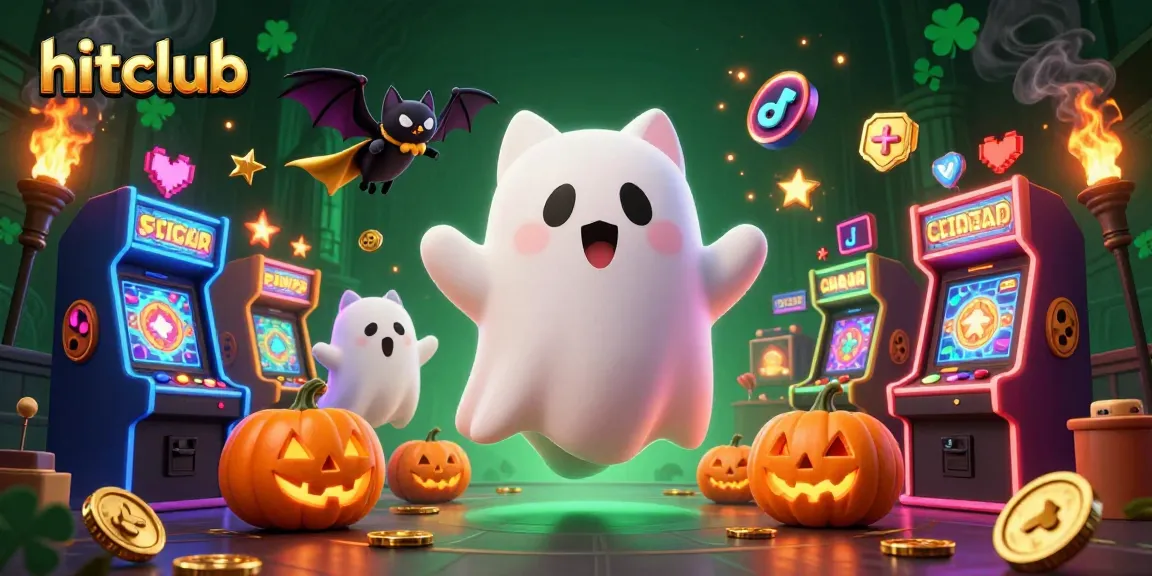 Experience the hitclub spirit in a haunted casino with a ghost cat, bat, and glowing poker elements.
