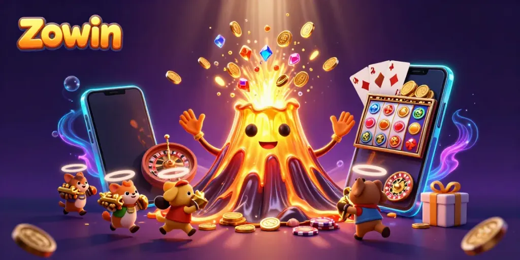Spin and win with Zowin in a chaotic treasure eruption and thrilling casino atmosphere.