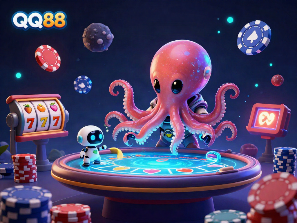 Experience exciting poker action with QQ88 in this vibrant 3D alien octopus casino scene featuring colorful slot elements.