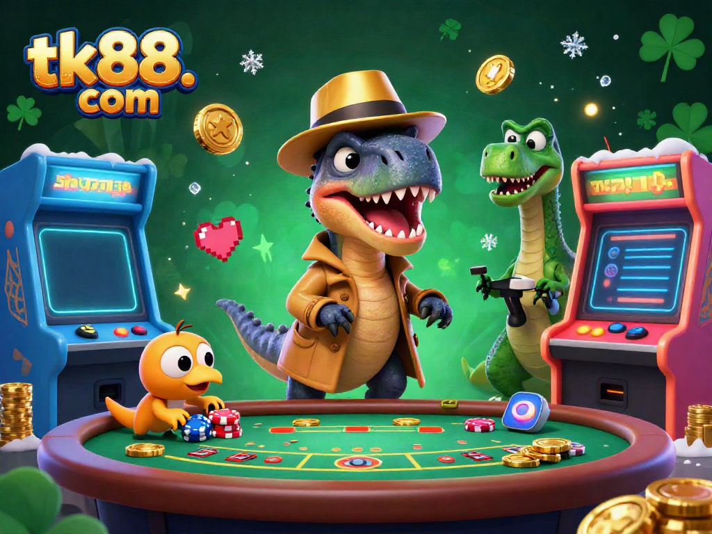 Discover the thrilling moments at tk88. com's vibrant casino scene featuring cartoon dinosaurs.