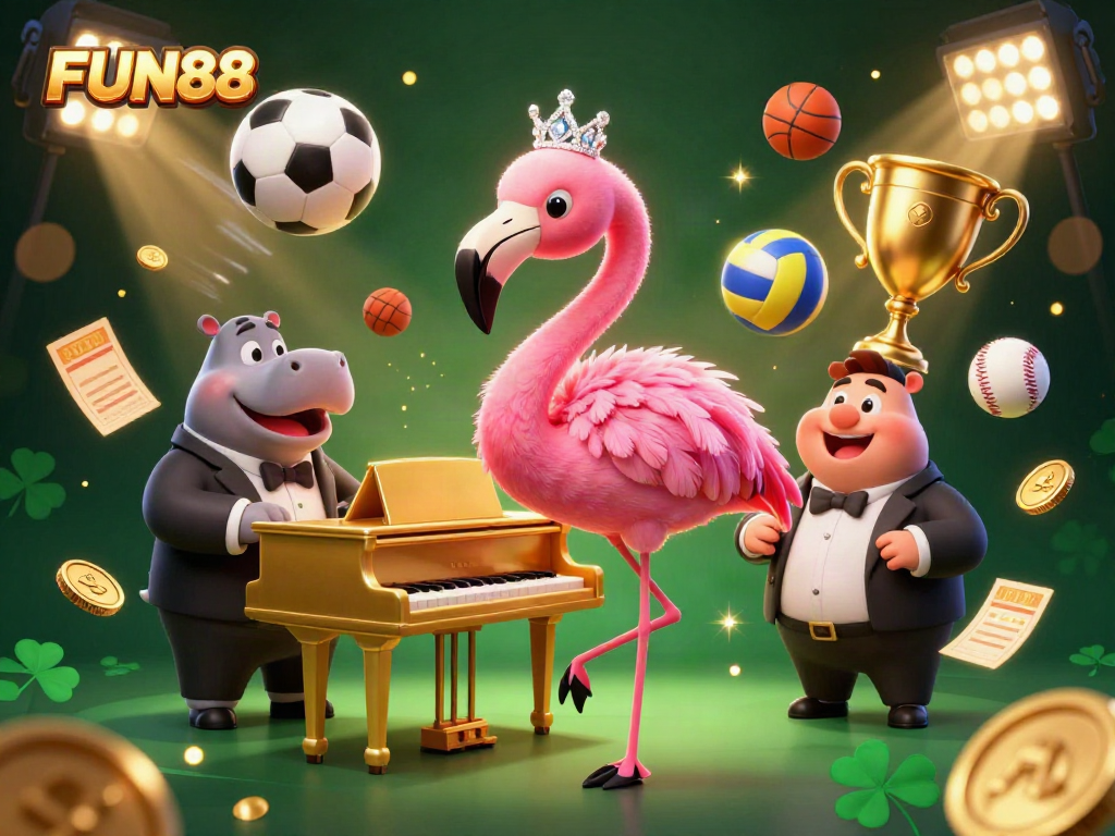 Play thrilling games at FUN88 with a vibrant casino scene featuring lively characters and sports elements.