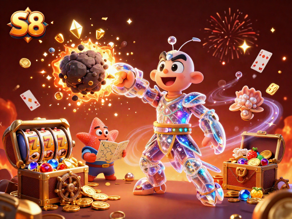 Win big with S8 in this vibrant casino scene filled with gold coins and slot machines.