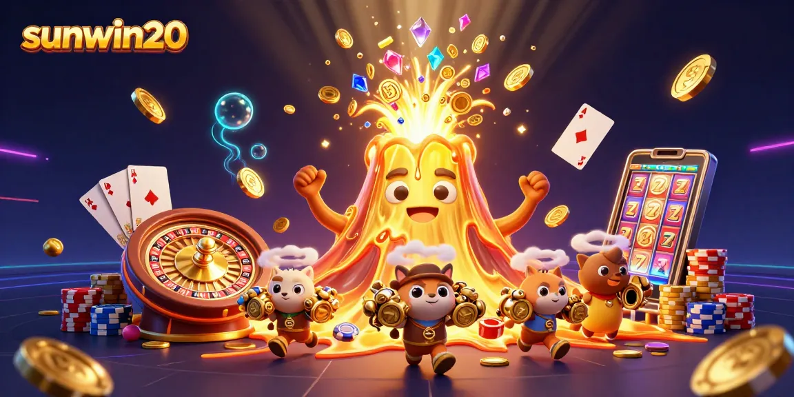 sunwin20 showcases a 3D animated volcano erupting with treasures in a vibrant casino scene.