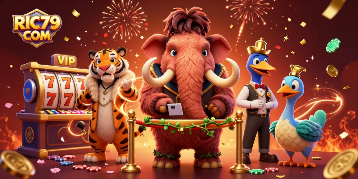 Experience thrills at RIC79 COM with a woolly mammoth bouncer checking IDs in a vibrant casino scene.