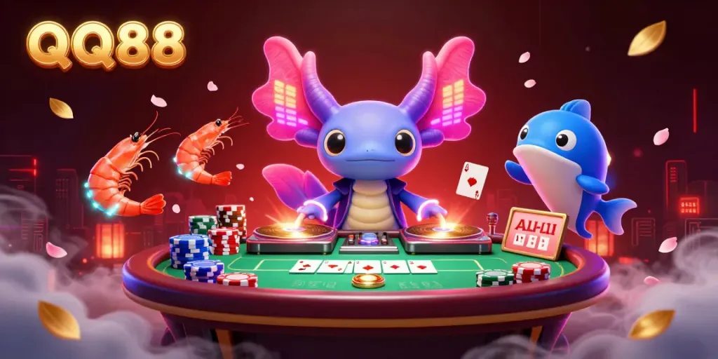 Experience QQ88's vibrant casino atmosphere featuring a neon axolotl DJ amidst poker elements.