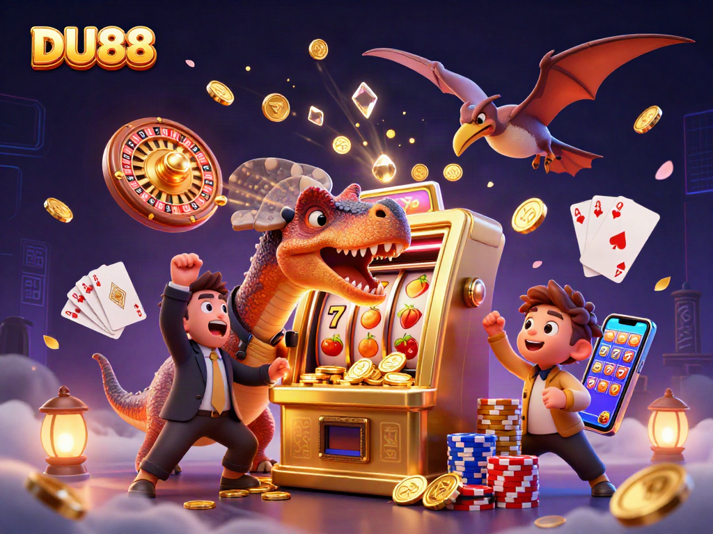 DU88 casino fortune illustrated with a dinosaur hitting slots, coins flying in a vibrant scene.