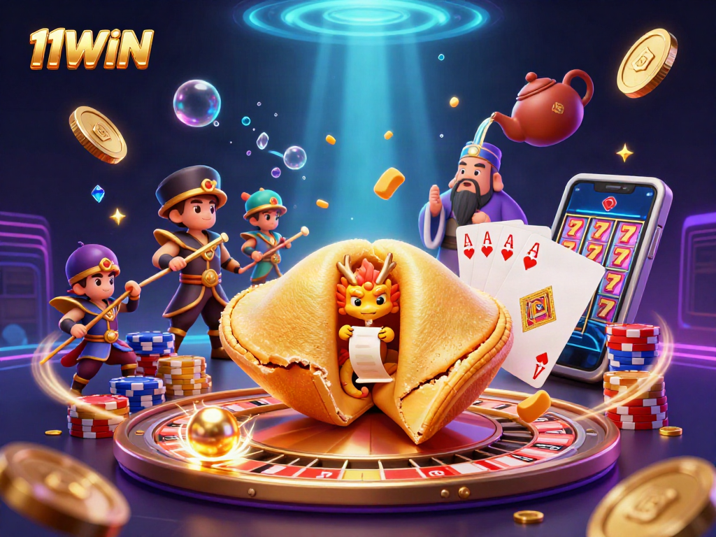 Engage in thrilling gameplay at 11WIN with fortune cookie characters and vibrant casino elements.