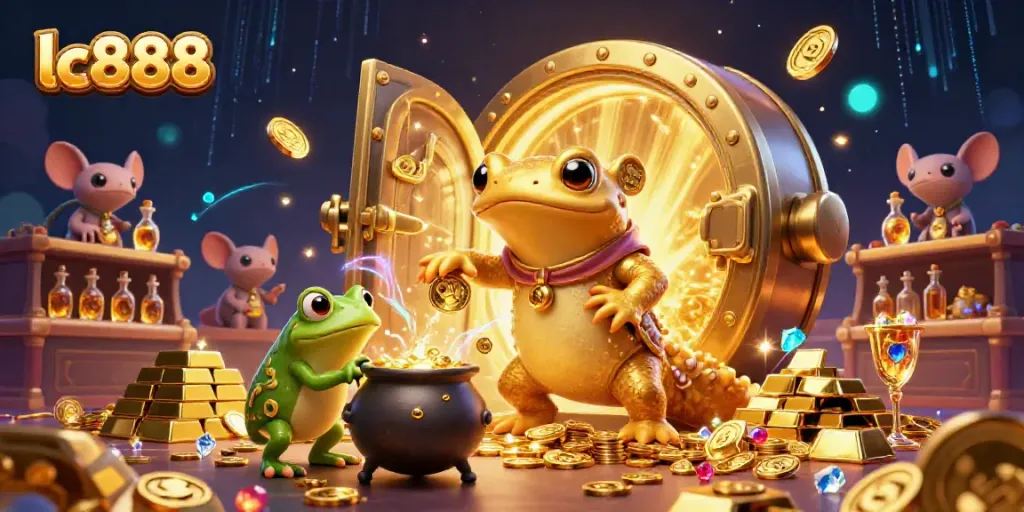 Engage with lc888's immersive online casino experience, featuring a dynamic scene of gold coins and treasures.