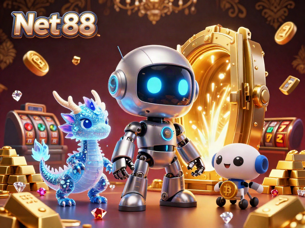 Engage with Net 88's vibrant casino scene showcasing a cyberpunk mascot and holographic dragon amid gold treasures.