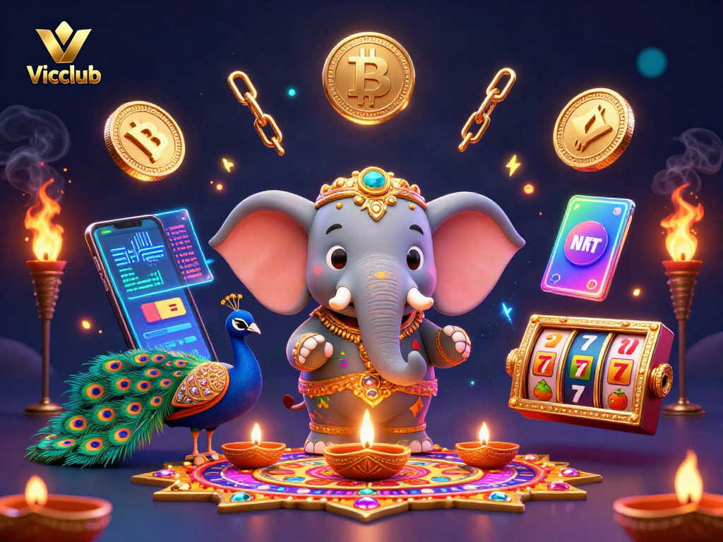 Vicclub players spin colorful slot reels adorned with a festive elephant and dazzling crypto coins.