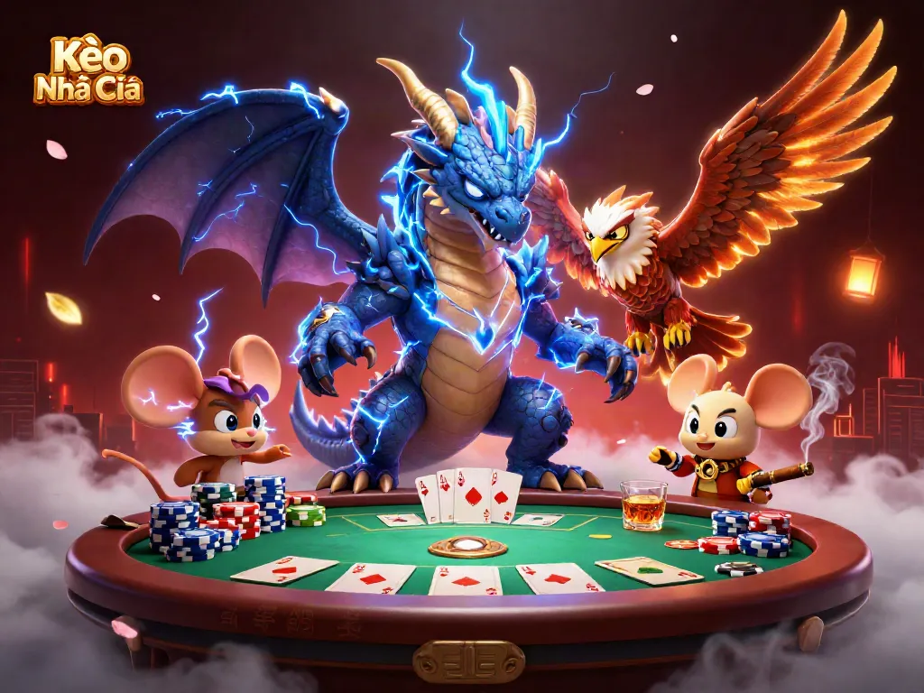 Experience Kèo Nhà Cái excitement with animated gambling action featuring vibrant characters and poker elements.