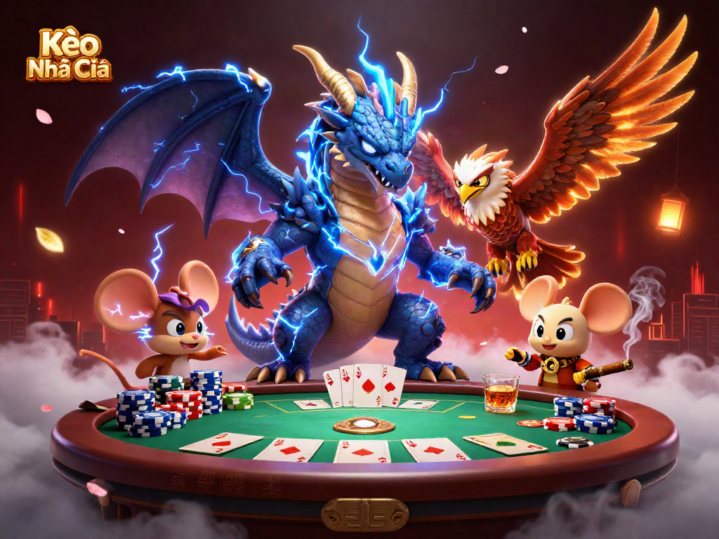 Experience Kèo Nhà Cái excitement with animated gambling action featuring vibrant characters and poker elements.