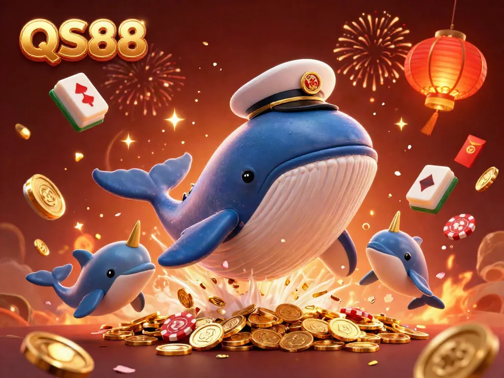 Experience the vibrant excitement of QS88 with a playful whale, narwhal, and dolphins amidst coins and casino elements.