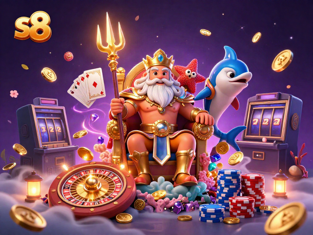 Spin the reels and win big with s8 featuring cartoon Neptune amongst casino elements.