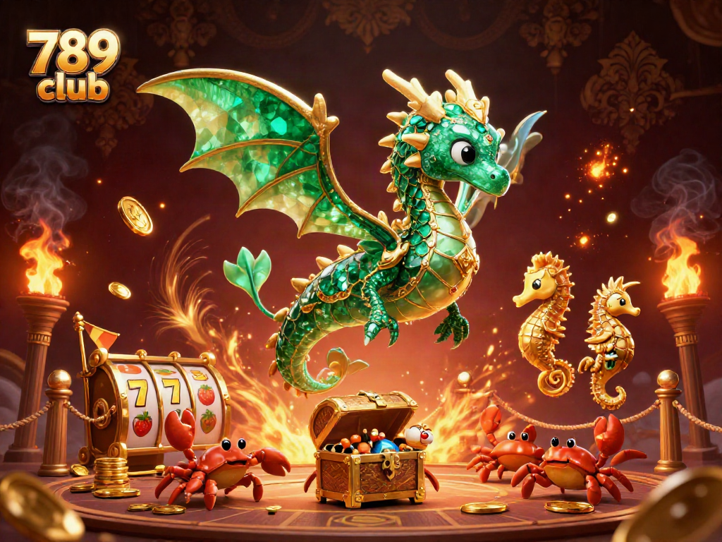 Engage with the thrilling 789 club, featuring a majestic sea dragon and vibrant casino elements.