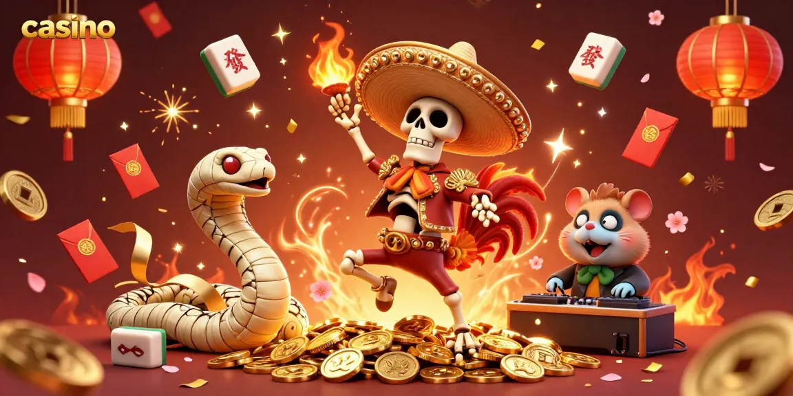 Casino celebration scene featuring a mariachi rooster, mummy snake, and DJ hamster with festive decor.