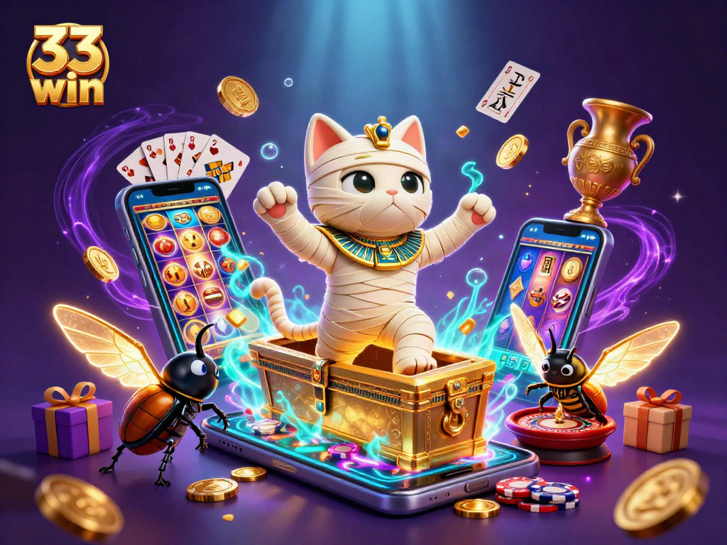 Experience thrilling wins at 33 win with an Egyptian mummy cat and a vibrant casino atmosphere.