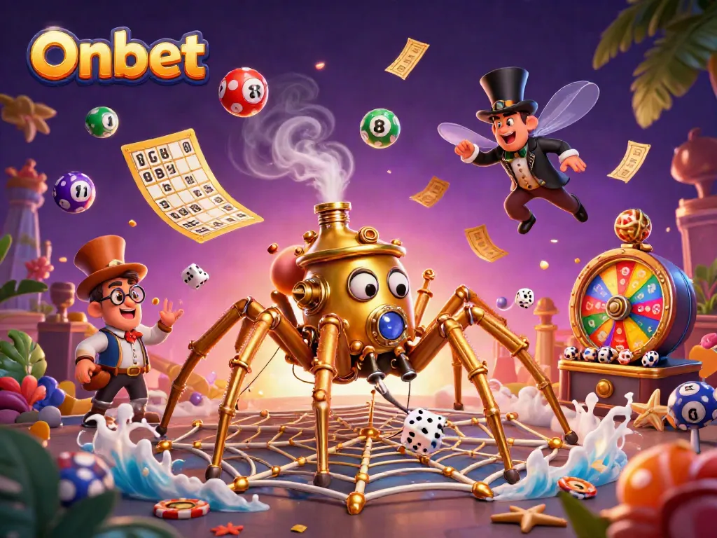 Engage in fun with Onbet's steampunk casino scene featuring animated characters and vibrant gaming elements.