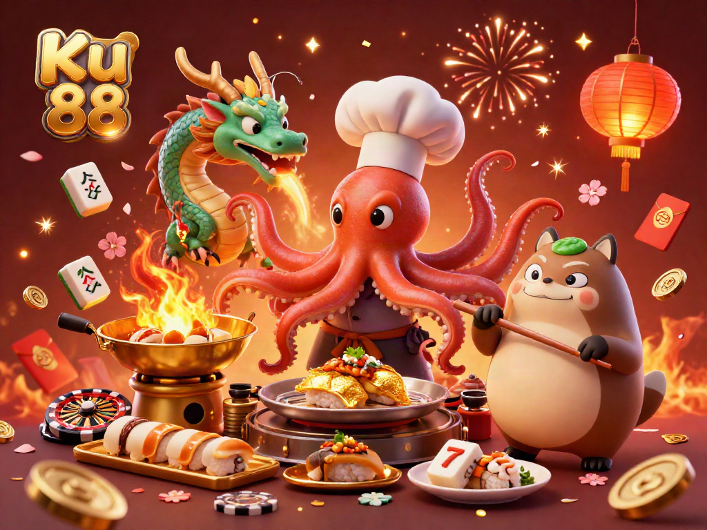 Celebrate wins at Ku 88 with our vibrant 3D illustration featuring unique gambling characters and exciting casino elements.