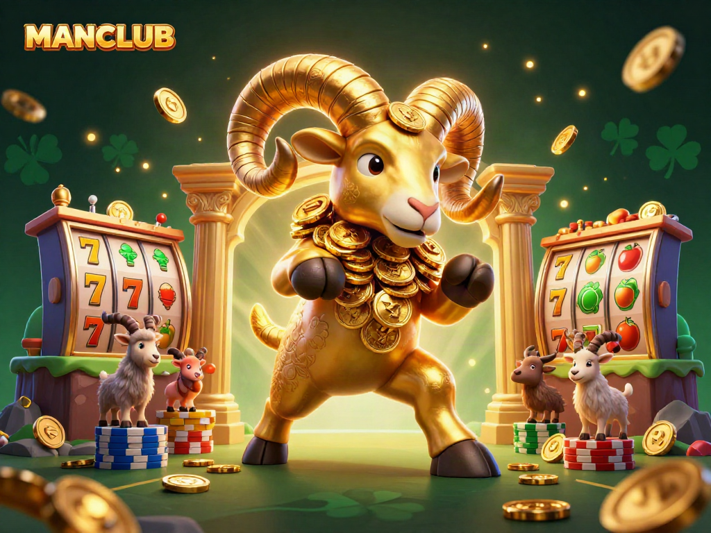 MANCLUB's thrilling slot experience with golden ram, jackpot symbols, and dazzling coins