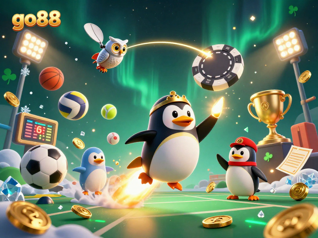 Experience the excitement of go88 with a dynamic 3D penguin flying towards a casino space station amidst sports betting elements.