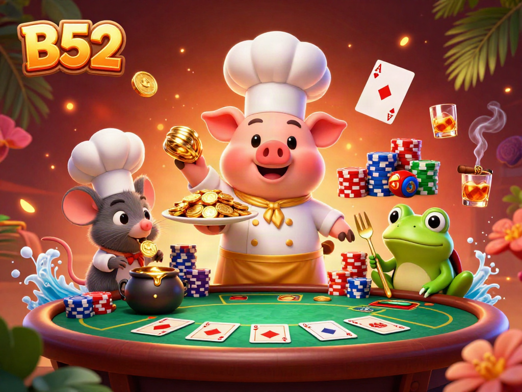 B52 casino characters serving gold while playing poker in a vibrant online gaming scene.