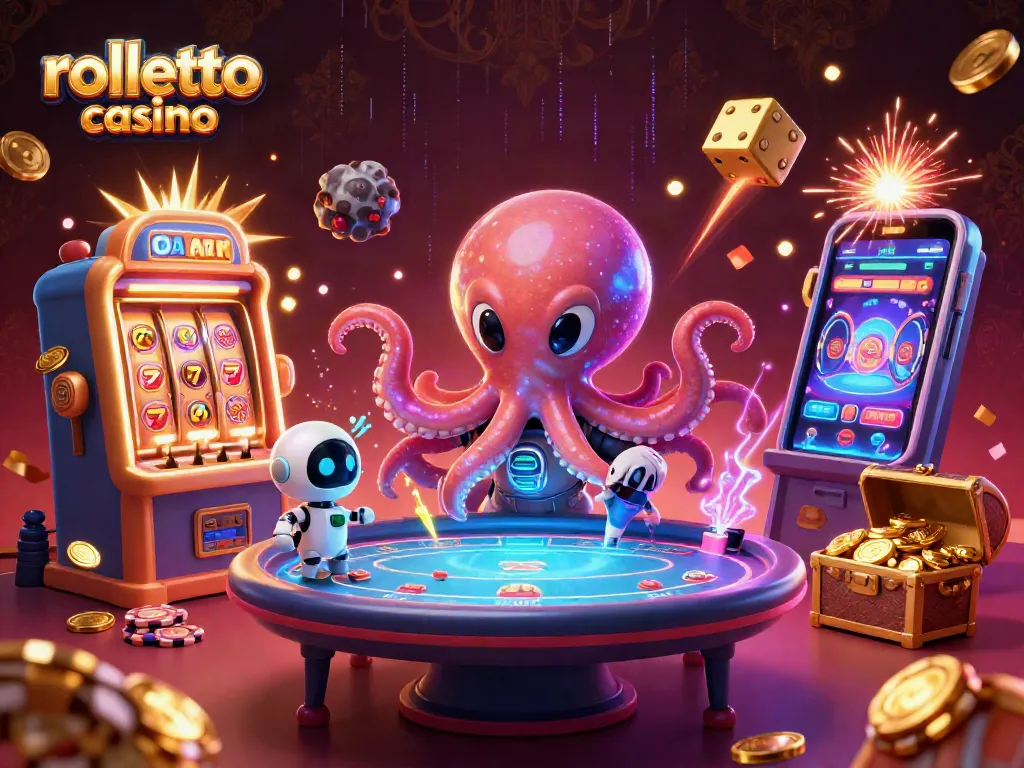Experience the thrill at rolletto casino with an excited alien octopus and floating poker table.