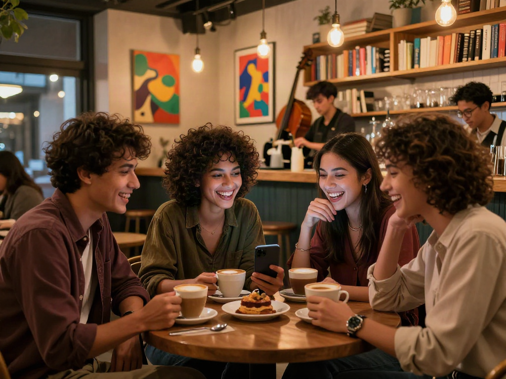 Friends enjoying a lively nsfw ai chat in a cozy café, capturing the essence of modern friendship.