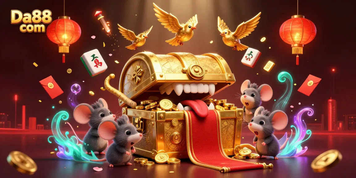 Experience thrilling wins at Da88 com with immersive casino-themed illustration featuring treasure and celebration elements.
