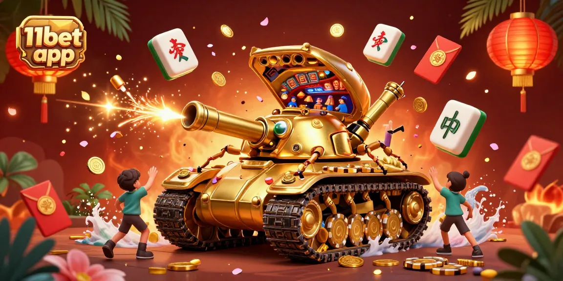 Experience the excitement of the 11bet app with a vibrant casino scene featuring a golden beetle tank and dynamic game elements.