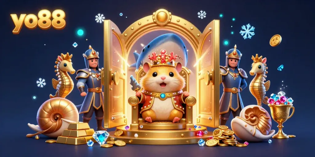 Experience the excitement of yo88 with a vibrant 3D royal throne scene showcasing treasure and royalty.