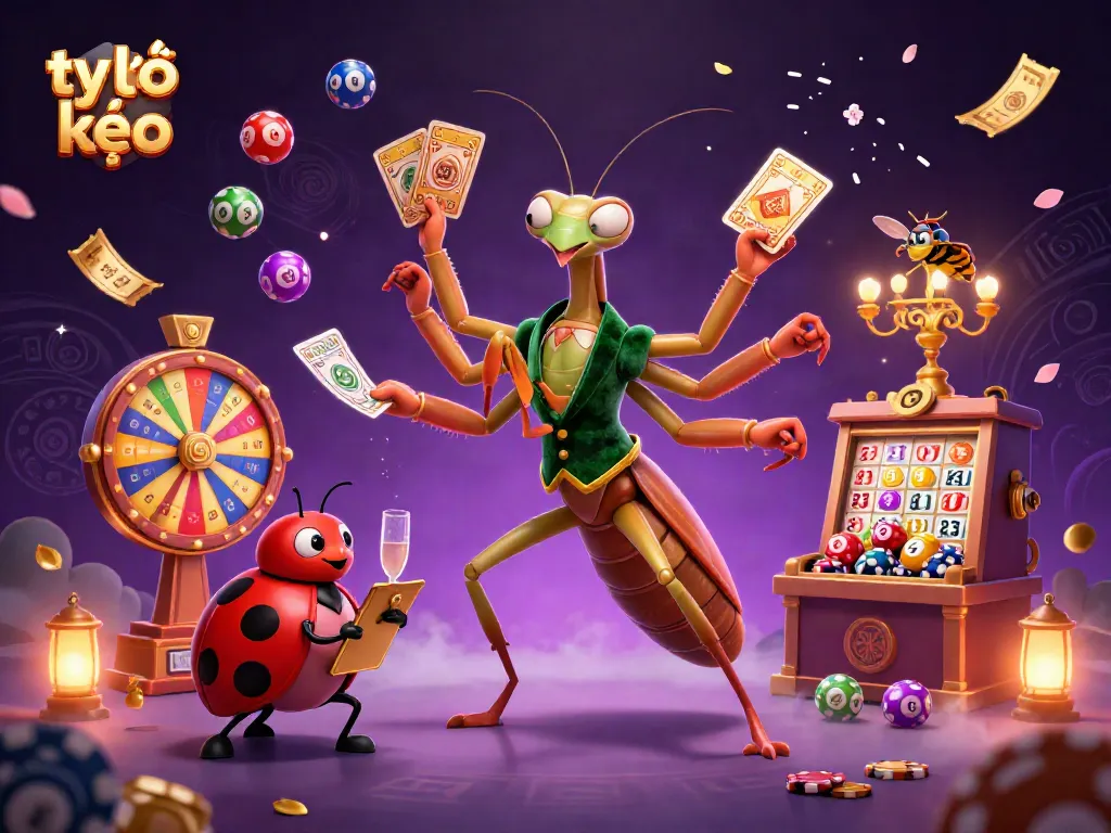 Experience thrilling tỷ lệ kèo as a giant praying mantis card sharp deals winning bets in a vibrant casino scene.