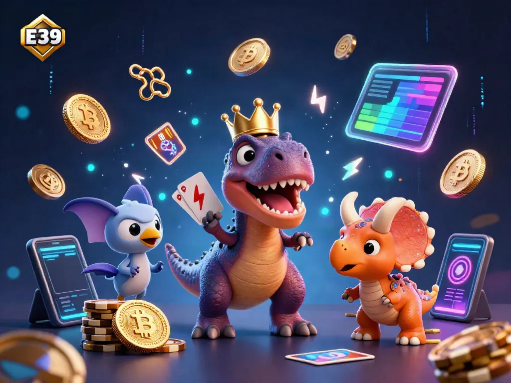 E39 platform featuring a humorous scene with a T-Rex shuffling cards while a pterodactyl assists, ideal for dynamic gaming illustrations.