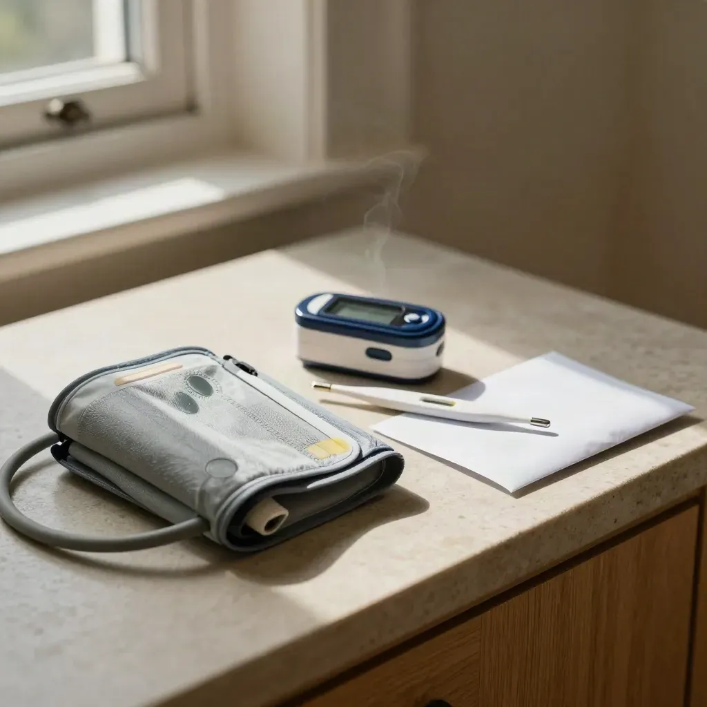 Macro screening kit on stone console with cuff, oximeter, thermometer, and face-down results envelope.