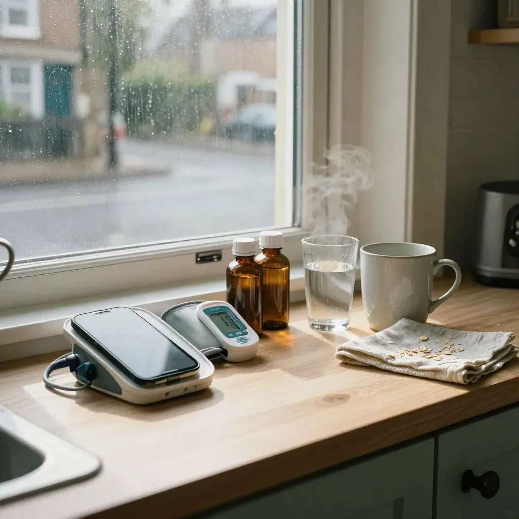 Rain-washed kitchen nook with health monitoring tools by a bright window