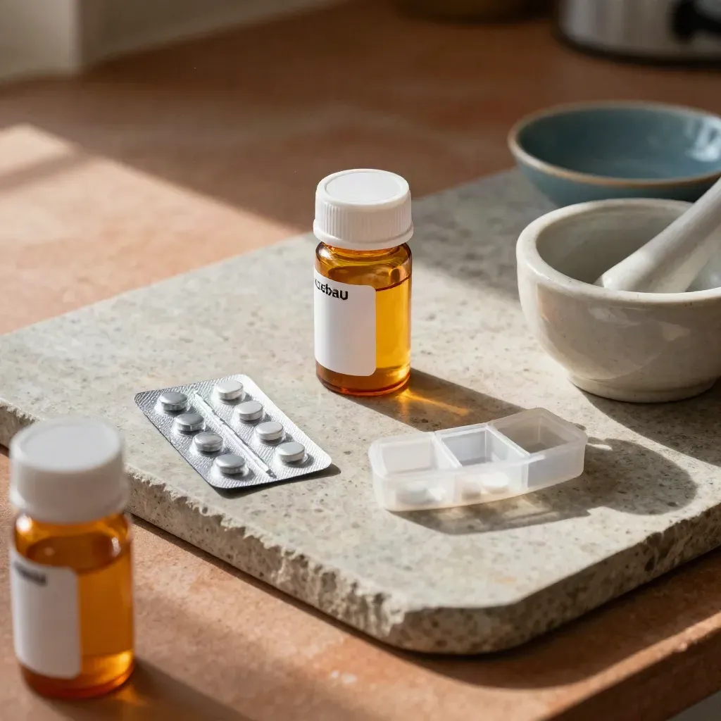 Overhead refill set with amber bottles, blister strips, pill organiser and mortar on brushed stone.