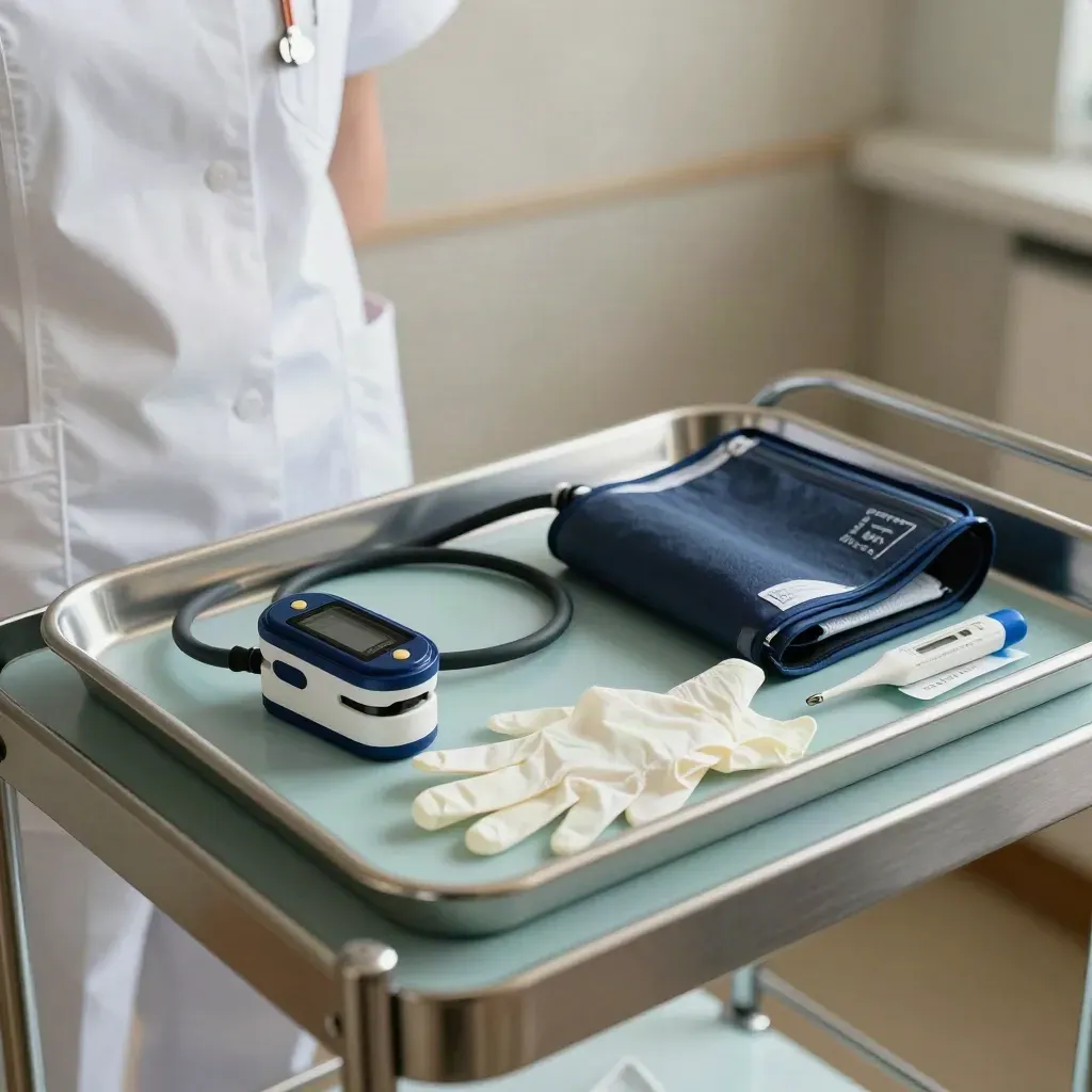 Clinic screening tray with pulse oximeter, cuff, thermometer, wipes tin and gloves in dramatic light.