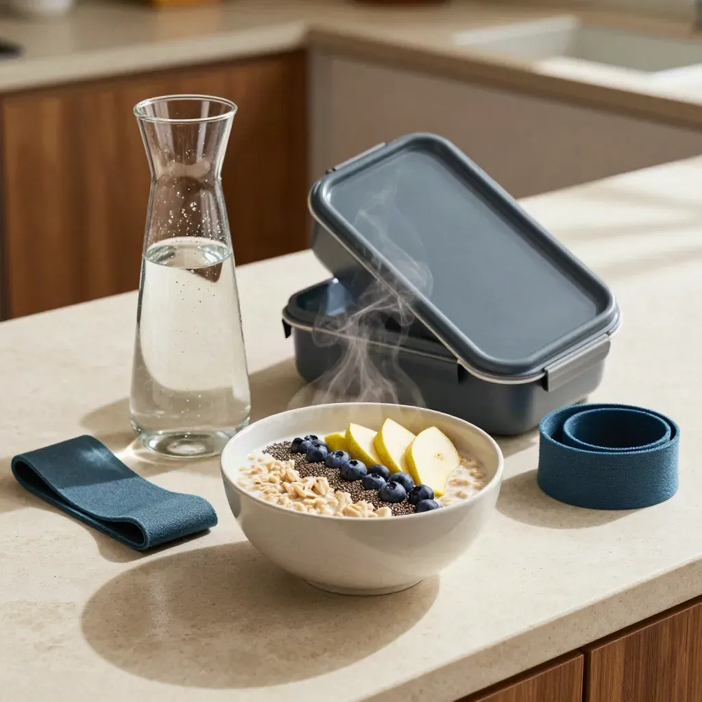 Steaming breakfast bowl, water carafe, lunch box and resistance band on a pale stone counter.